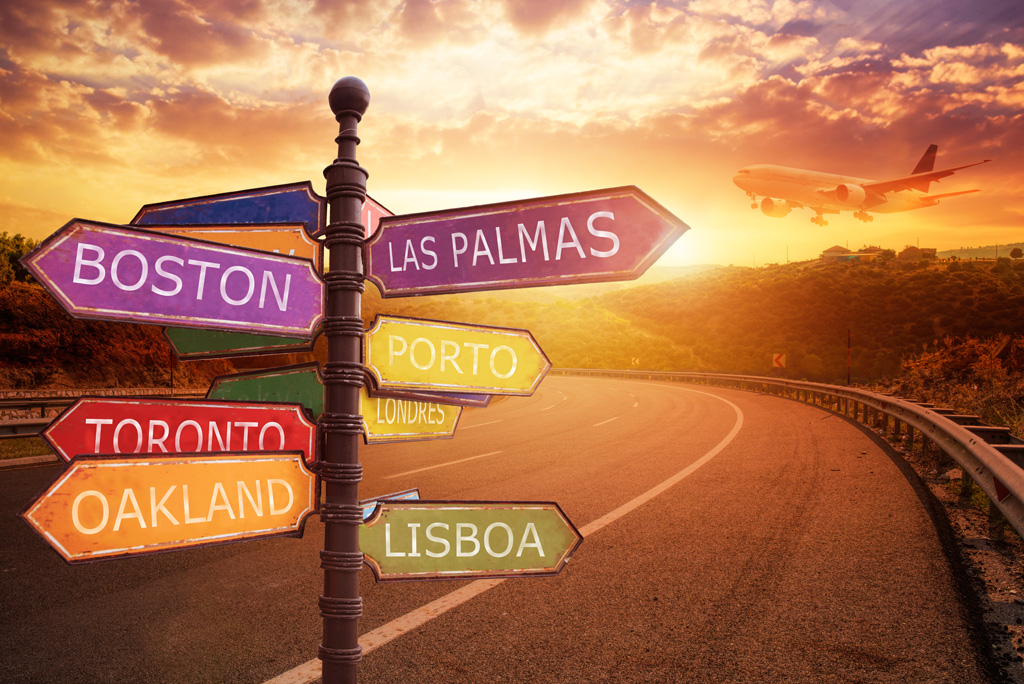 Sign with indications of cities travel destination